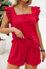 Fiery Red Textured Square Neck Top and Shirred High Waist Shorts Set