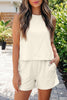 Beige Stitched Detail Loose Tank Top Cotton 2pcs Short Set