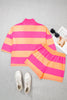 Pink Half Zipper Placket Bracelet Sleeve Top Casual Shorts Set