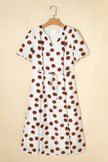 White Polka Dot Printed V Neck Short Sleeve Tie Waist Midi Dress