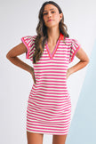 Green Striped Ruffle Short Sleeve Pop of Color Neckline Dress