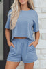 Sky Blue Solid Color Contrast Textured Patchwork Raw Edge 2pcs Short Set