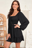 Black Solid Color Long Sleeve Shirred Drawstring Ruffle Mini Dress