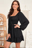 Black Solid Color Long Sleeve Shirred Drawstring Ruffle Mini Dress