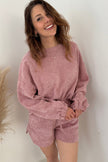 Dark Brown Textured Knit Drop Shoulder Pullover Drawstring Shorts Set