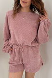 Dark Brown Textured Knit Drop Shoulder Pullover Drawstring Shorts Set