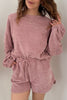 Dark Brown Textured Knit Drop Shoulder Pullover Drawstring Shorts Set