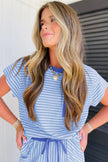 Rose Stripe Crew Neck Tee Drawstring Waist Cropped Pants Set