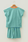 Yellow Stripe Colorblock Trim V Neck Tee Drawstring Elastic Waist Short Set