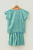 Yellow Stripe Colorblock Trim V Neck Tee Drawstring Elastic Waist Short Set