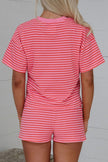 Rose Stripe Side Split Knit Tee Drawstring Shorts Set