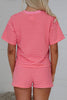 Rose Stripe Side Split Knit Tee Drawstring Shorts Set