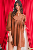 Moss Green Split Neck Scallop Detail Pleated Corduroy Mini Dress