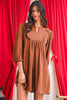Moss Green Split Neck Scallop Detail Pleated Corduroy Mini Dress