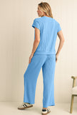 Bright Pink Solid Corded Short Sleeve T Shirt and Wide Leg Pants Set