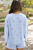 Sky Blue Valentines Bow Print Twisted Rib Loose Long Sleeve Top 2pcs Short Set