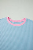 Sachet Pink Soft Ribbed Color Block Trim Casual Short Set