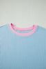 Sachet Pink Soft Ribbed Color Block Trim Casual Short Set