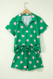 Pink Polka Dot Print V Neck Tee Short Set