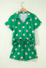 Pink Polka Dot Print V Neck Tee Short Set