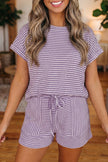 Brown Stripe Breathable Textured Knit Short 2pcs Set