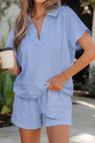Light Grey Collared V Neck Tee Drawstring Elastic Waist Shorts 2pcs Outfit