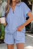 Light Grey Collared V Neck Tee Drawstring Elastic Waist Shorts 2pcs Outfit
