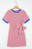 Sky Blue Stripe Nautical Tie Contrast Trim Round Neck T Shirt Mini Dress