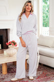Light Grey Stripe Patchwork Loose Long Sleeve Top Drawstring Waist Pants Set