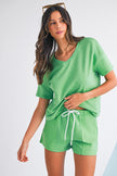 Mint Green V Neck Drop Shoulder Tee and Patchwork Shorts Set