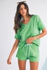 Mint Green V Neck Drop Shoulder Tee and Patchwork Shorts Set