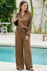 Coffee Solid Color V Neck Top and High Waist Pants Set
