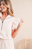 Black Textured Ruffle Sleeve Zipped Top and Wide Leg Pants Set