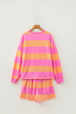 Pink Stripe Long Sleeve Casual Top Drawstring Shorts 2pcs Set