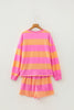 Pink Stripe Long Sleeve Casual Top Drawstring Shorts 2pcs Set