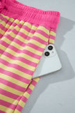 Yellow Stripe Colorblock Trim Crew Neck Loose Tee Drawstring Elastic Waist 2pcs Pant Set