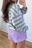 Purple Stripe Half Button Long Sleeve Top Mix and Match Shorts 2pcs Set