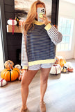 Blue Stripe Color Block Long Sleeve Pullover Ribbed Knit Casual Shorts Set