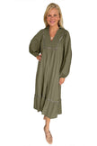 Green Collared V Neck Smocked Detail Contrast Leopard Trim Long Dress