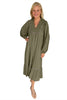Green Collared V Neck Smocked Detail Contrast Leopard Trim Long Dress