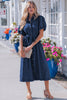 Sail Blue Full Buttons Collared Short Bubble Sleeve Long Denim Dress