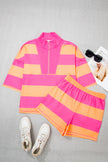 Pink Half Zipper Placket Bracelet Sleeve Top Casual Shorts Set