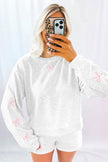 Light Grey Bow Embroidery Long Sleeve Pullover and High Waist Shorts Set