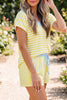 Yellow Stripe Colorblock Trim V Neck Tee Drawstring Elastic Waist Short Set