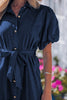 Sail Blue Full Buttons Collared Short Bubble Sleeve Long Denim Dress