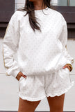 White Polka Dot Print Side Stripe Detail Casual Sweatshirt 2pcs Short Set