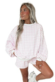 Pink Plaid Baggy Pullover Drawstring Casual Shorts 2pcs Outfit