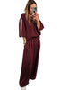 Burgundy Varsity Striped 3/4 Sleeve Pullover Drawstring Sweatpants Set