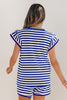 Blue Stripe Contrast Trim Cap Sleeve Top Casual Shorts 2pcs Set