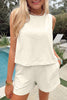 Beige Stitched Detail Loose Tank Top Cotton 2pcs Short Set